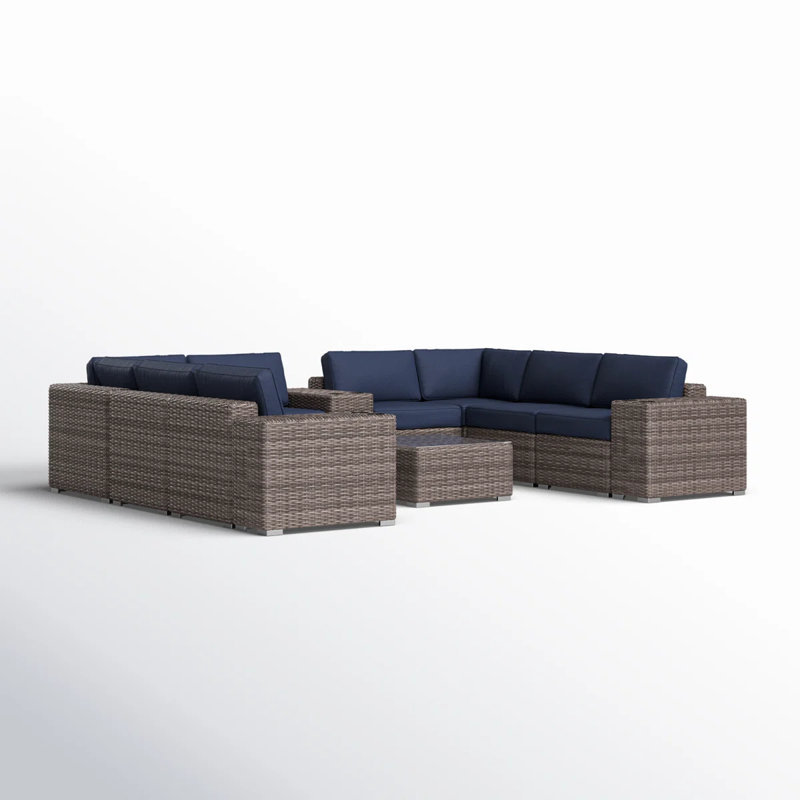 Ensemble modulaire d'extérieur en osier 12 pièces avec coussins Sunbrella et table en verre entièrement assemblés