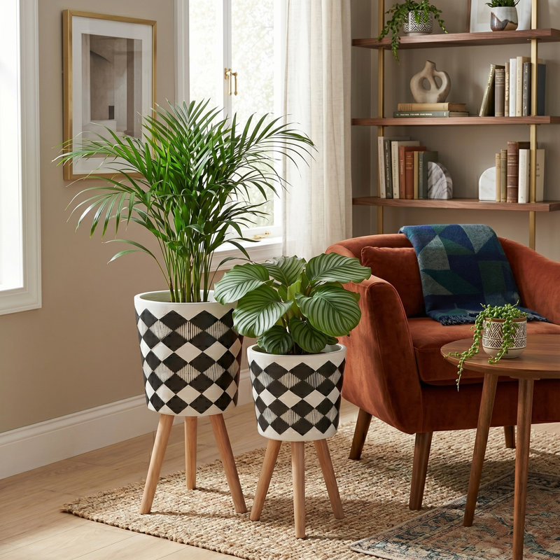 Jardinières en résine peintes à la main avec pieds en bois de hêtre, supports décoratifs à motif géométrique pour l'intérieur et l'extérieur pour patio, salon, jardin et décoration intérieure, ensemble de 2