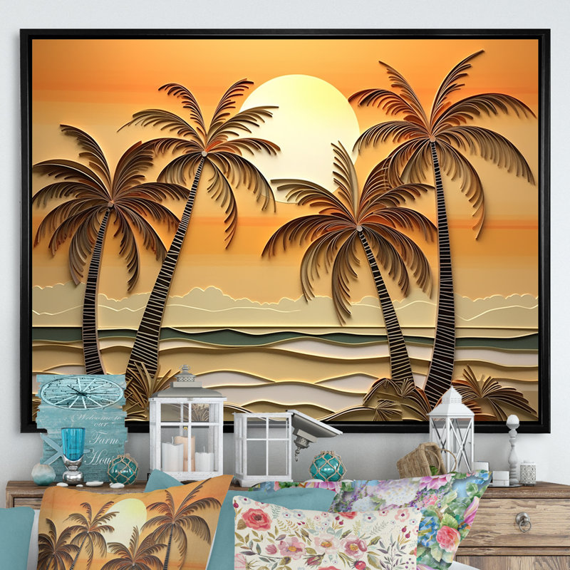 Golden Sunrise Palm Trees II, H 16 po x l 32 po x P 1 po, Cadre flottant noir