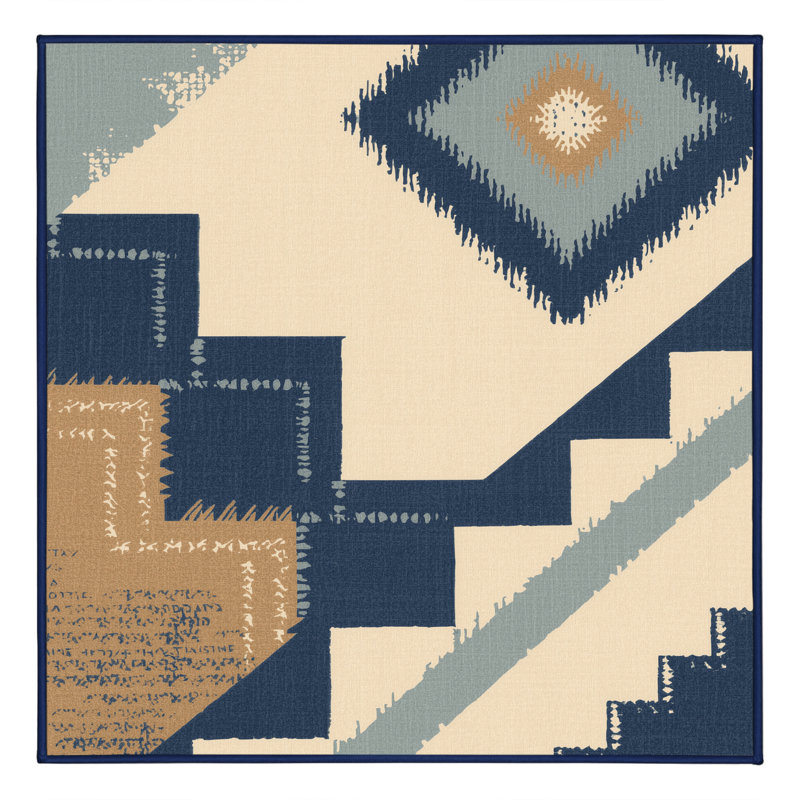 Tapis beige lavable à la machine à motif d'inspiration mondiale Penola, Carré 4 pi