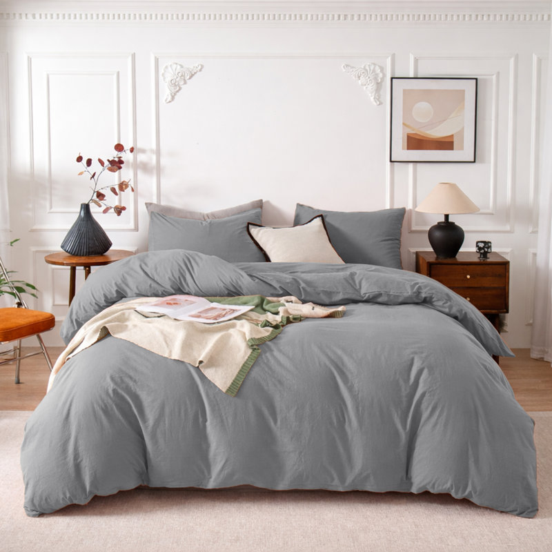 3-Piece Dyed Duvet Cover Set With Pillowcases, Grey, Single Duvet Cover + 2 Standard Pillowcases