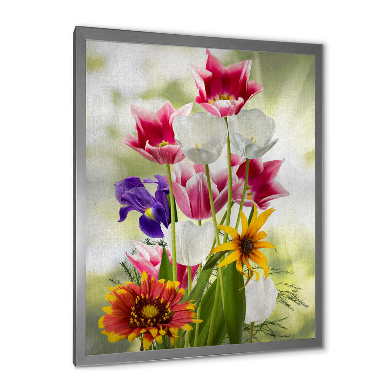 Vibrant rouge mauve et fleurs sauvages jaunes - peinture sur toile, H 32 po x l 16 po x P 1 po, Cadre photo argenté