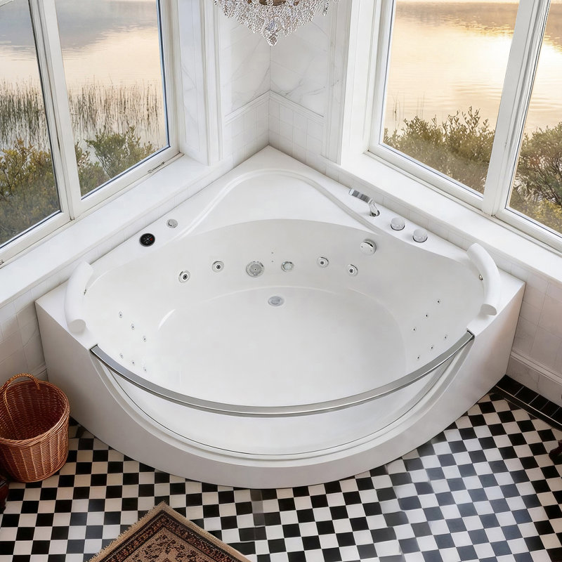 59 Inch 16 Jet Hydro Massage Bathtub For Two People, Acrylic Corner Design With Heater, Rainbow And Relaxing Retreat Two, System Lighting, Ul Home Use