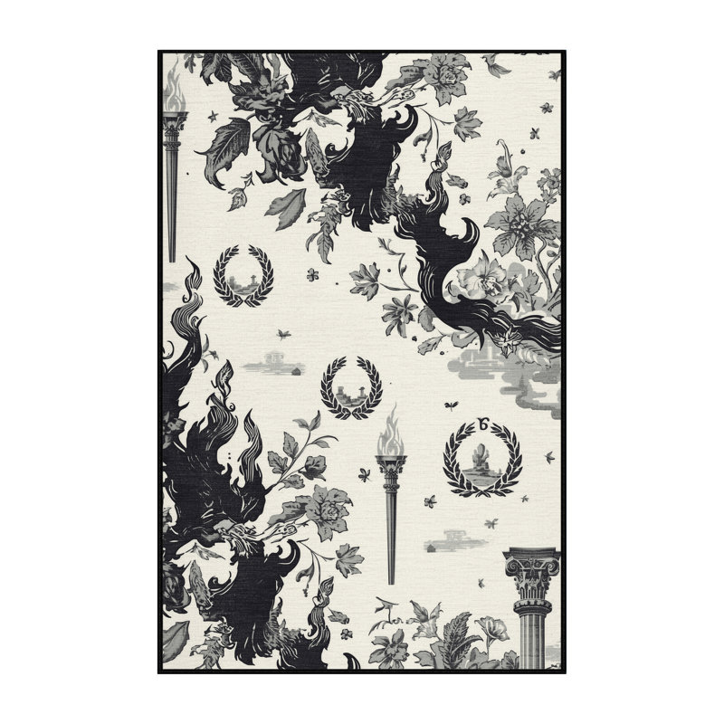 Machine Washable Hubbard Olympic Torch Flame Classic Toile Rug in Beige – Black Binding, 2x5