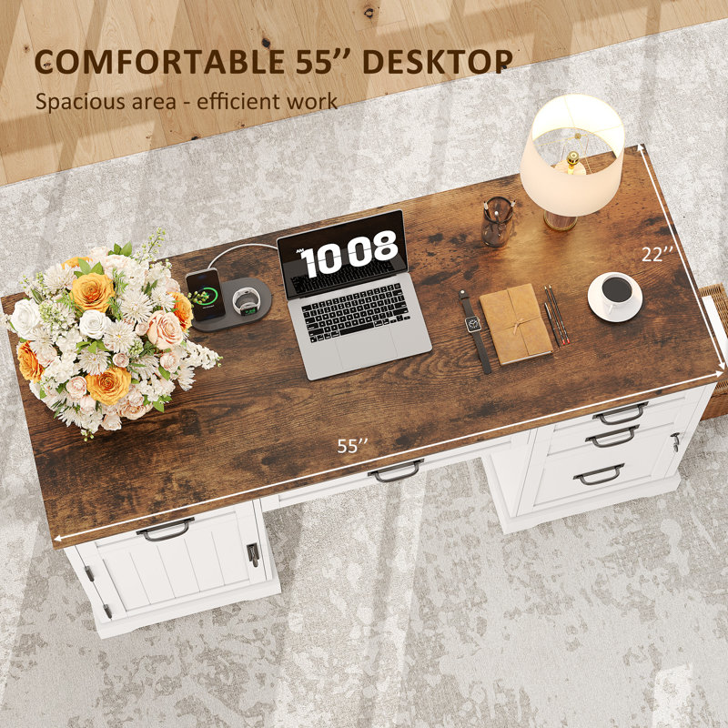 Clabe 55'' Farmhouse Executive Desk with Drawers, File Cabinet and Power Outlets, Rustic Brown/White