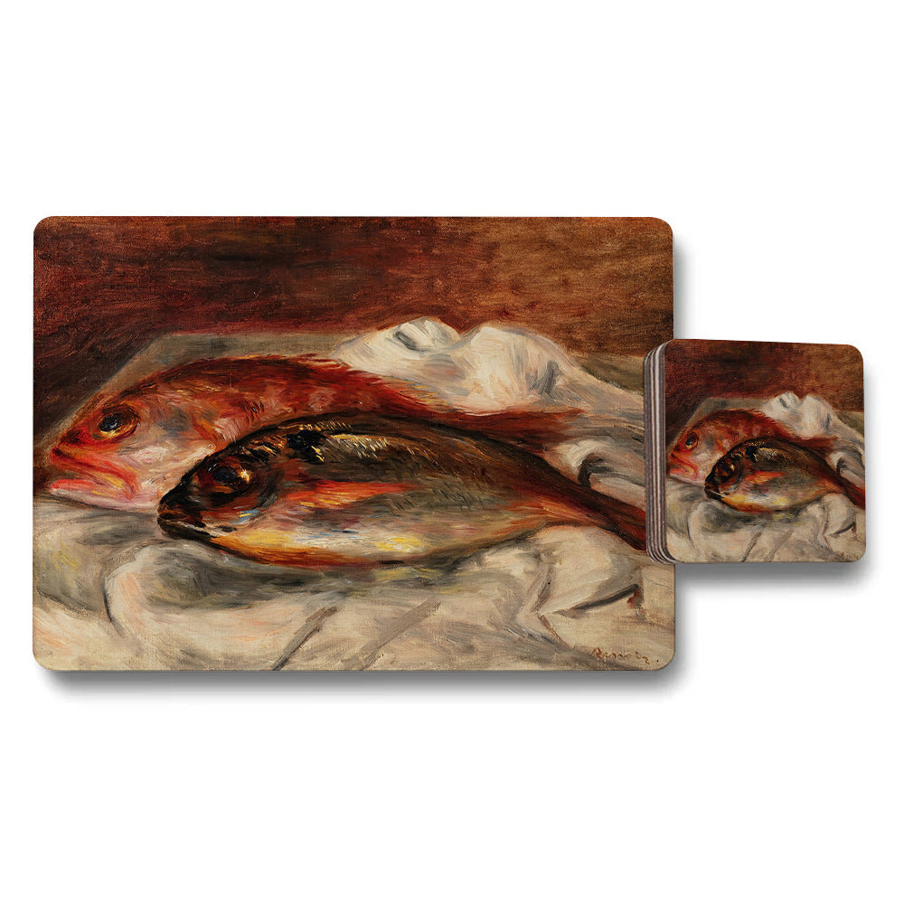 Fish Themed Placemats And Coasters Set With Artistic Still Life Print