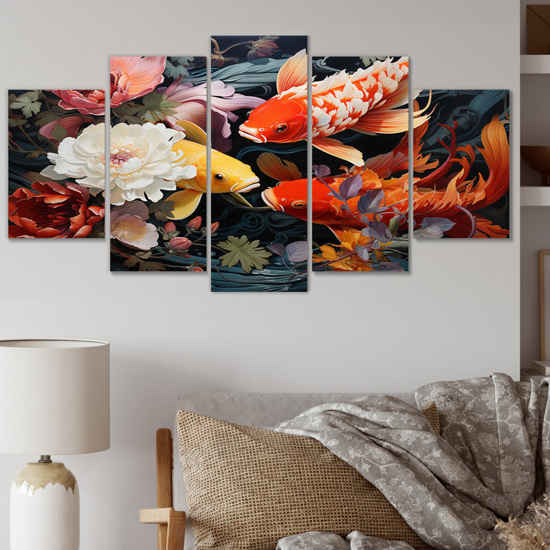 Japon Koi II doré et rouge - Japon, art mural - 5 panneaux