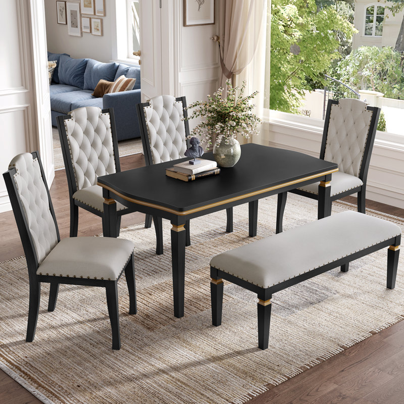 Ensemble de table de salle à manger moderne 6 pièces avec banc, 60 po x 34,7 po en bois massif, noir, fabrication en bois massif, fabrication robuste, assemblage facile