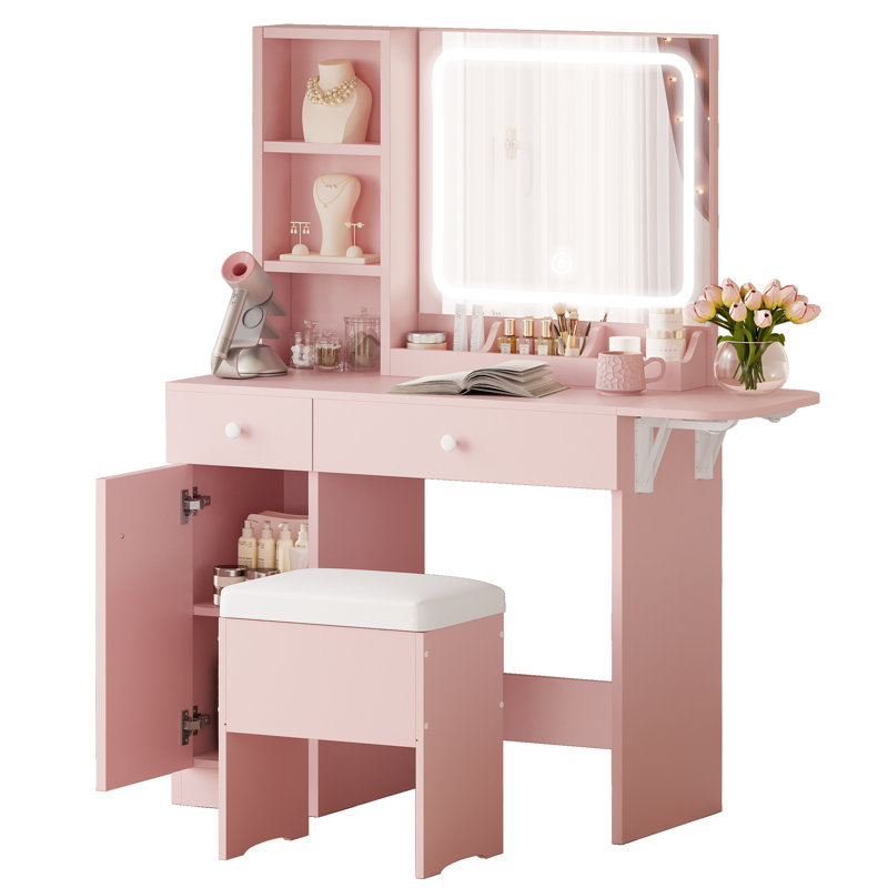 Vanity Desk Set With Led Lighted Mirror & Power Outlet, Makeup Table Top with 3 Open Bookcases, 3 Cubbies, 2 Drawers, Dresser Table for Bedroom, Checkroom