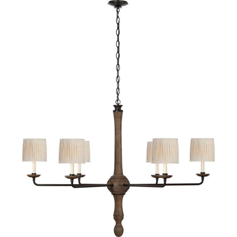 Suzanna Chandelier in Vintage Oak and Aged Iron with Natural Linen Flat Pleated Shades, 34.25" H x 48" W x 48" D