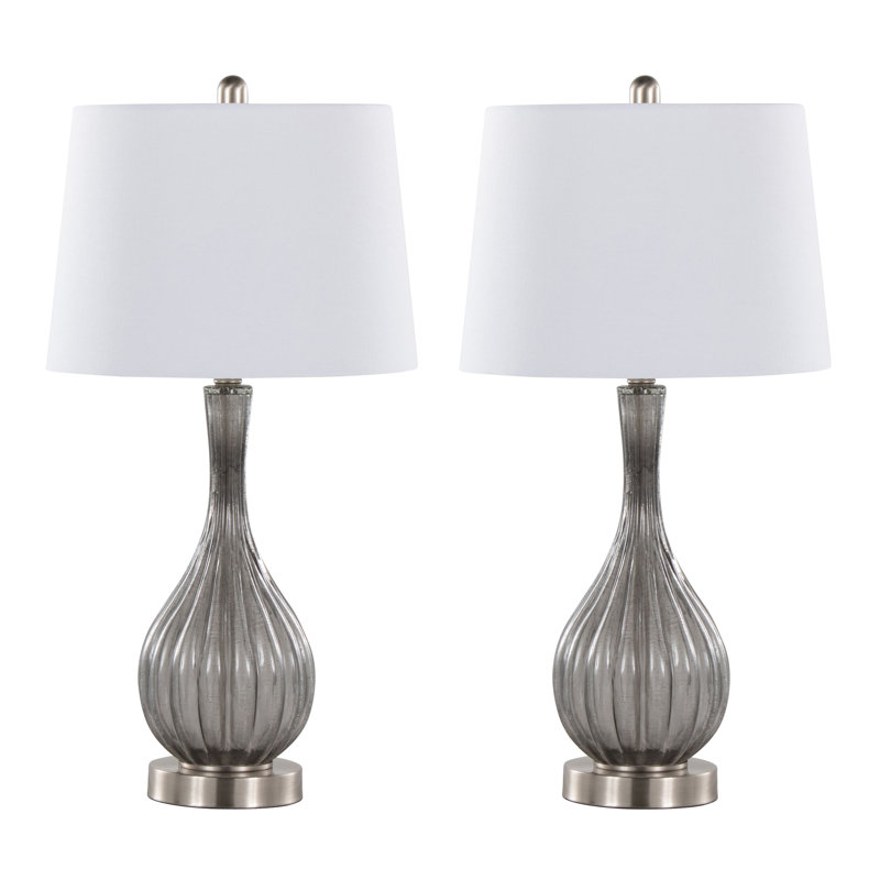Rami 27" Crackle Glass Table Lamp Set, Clear Smokey Glass/Brushed Nickel, 27.25" H x 14" W x 14" D, Off-White