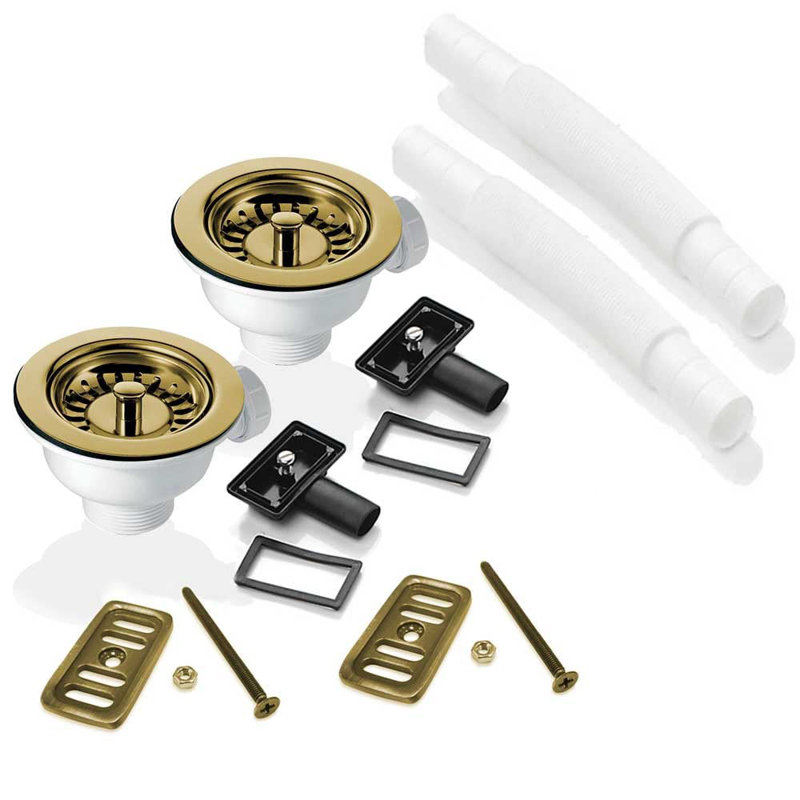 2X 90Mm Strainer Waste And Overflow Set For  RAK Rangemaster Ceramic Sink, Gold