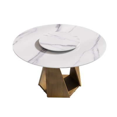 6 53" Round Dining Table With White Sintered Stone Top & Metal Base Solid Base, 23.62" Rotatable Disc, For Dining, Non-slip Stable
