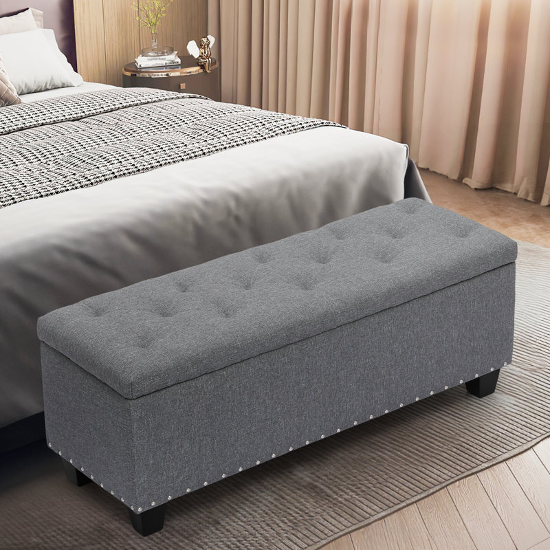 Grimstad Upholstered Fabric Storage Ottoman, Storage Bench with Button-Tufted, Gray