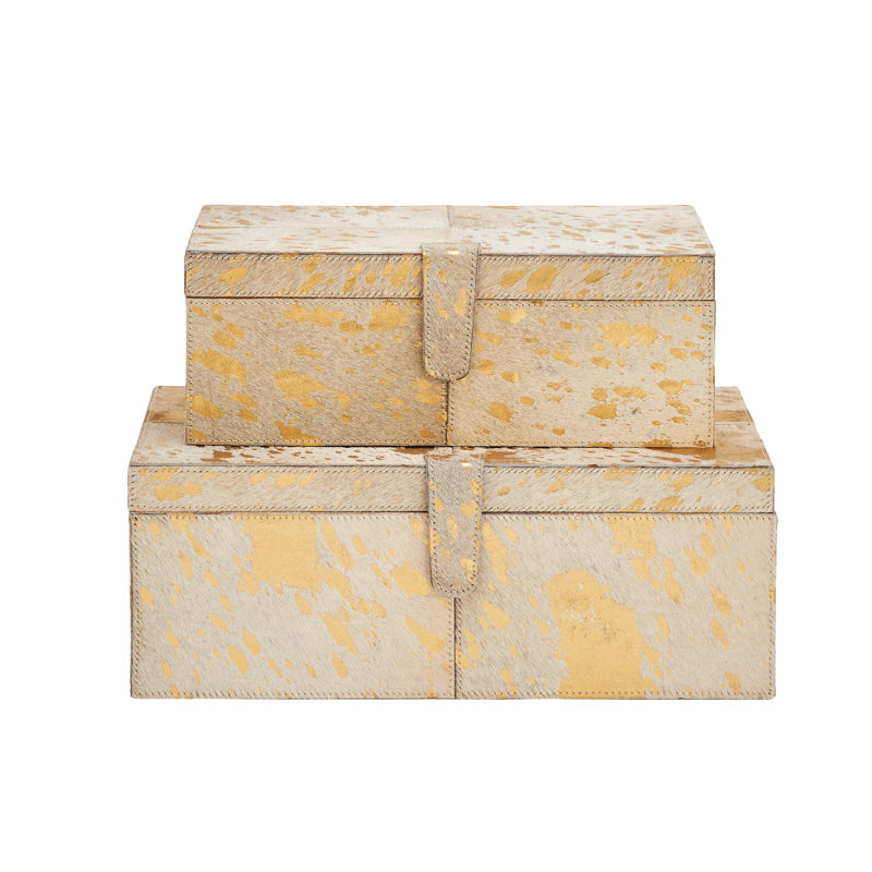 Georgine Natural Leather Hide and Wooden Decorative Box Set, Gold