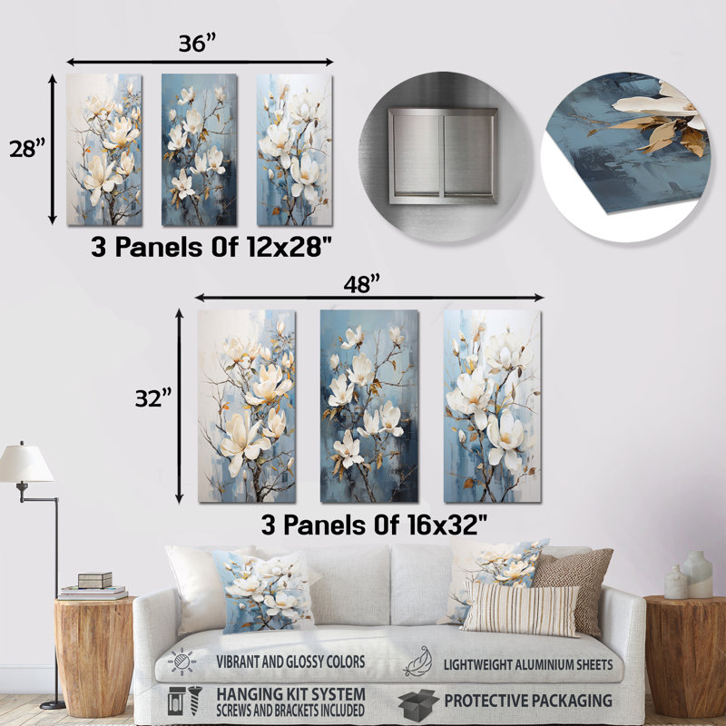 Ensemble de 3 décorations murales en métal bleu et blanc Magnolias, H 28 po x l 36 po