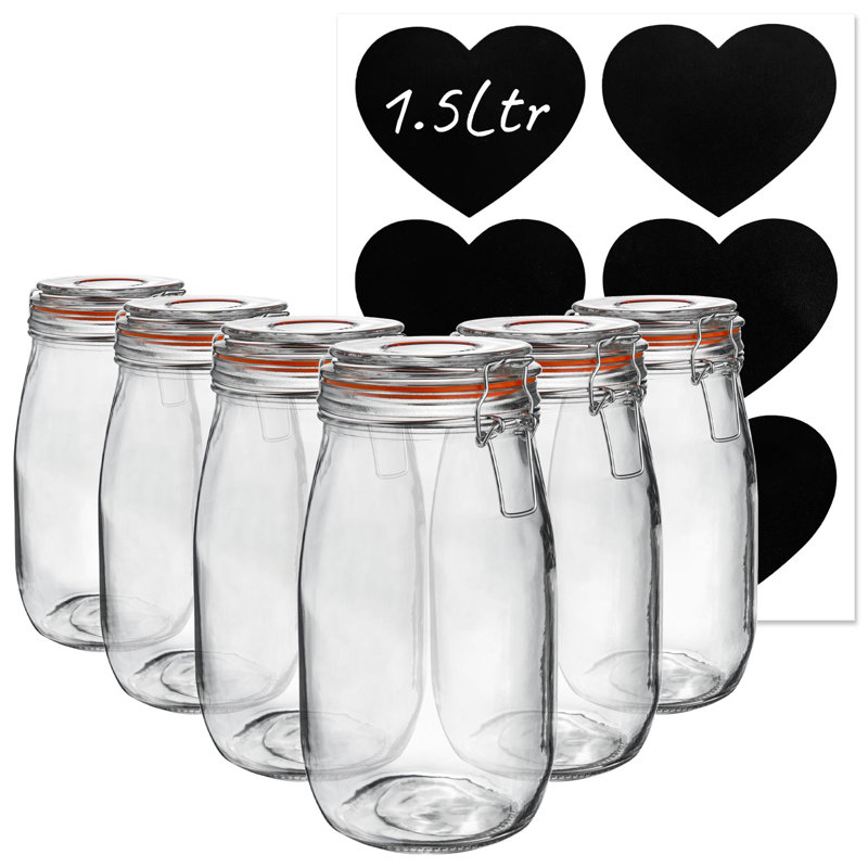 Argon Tableware - Glass Storage Jars with Heart Labels - 1.5 Litre - Set of 6