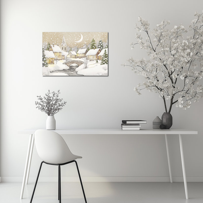 Art mural sur toile grand village enneigé de Noël, paysage d'hiver, impressions sur toile pour salon, arbre de pin rustique, pont, peinture d'art sur toile, impressions de vacances rétro, 28 po x 40 po