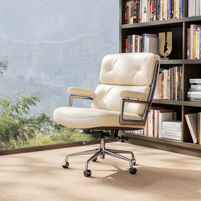 Cream Genuine Leather Executive Office Chair with Aluminum Frame