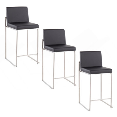 26" Contemporary High Back Barstool In Stainless Steel And Black Faux Leather By Lumisource - Set Of 3