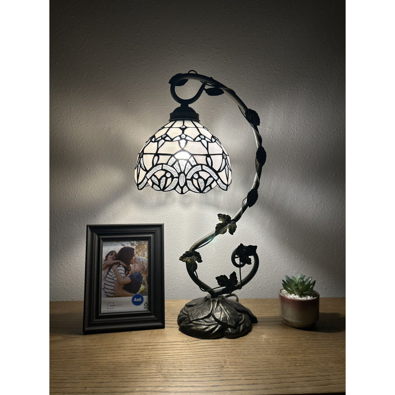 Iredale Tiffany Table Lamp Stained Glass White Baroque Style Lavender Iron Metal Leaves 11"W*8"D* 21" H