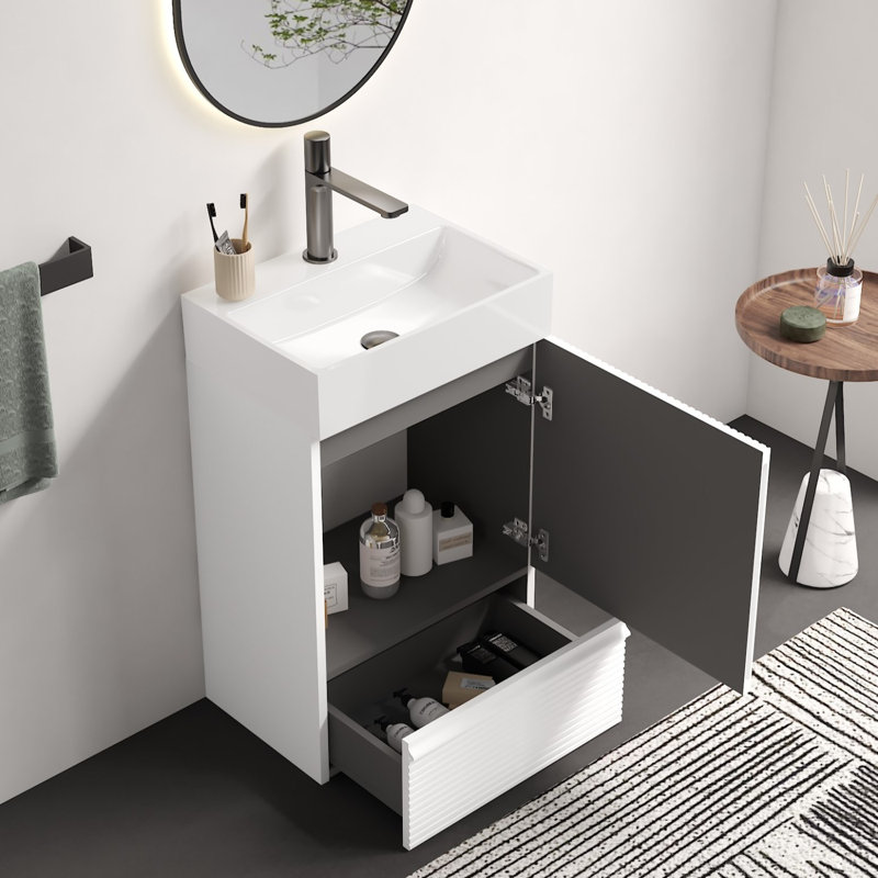 Meuble-lavabo rayé avec lavabo en céramique, Blanc
