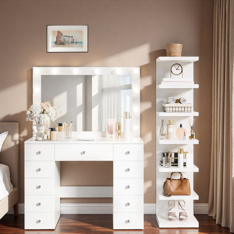 Meuble-lavabo avec 3 modes d'éclairage couleur, 11 ampoules Hollywood, prise de courant, tiroirs et tablettes de rangement à 7 niveaux
