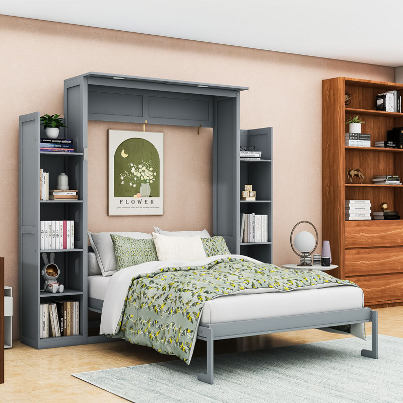 Lit escamotable en bois avec éclairage à DEL et compartiments de rangement, Gris, Double