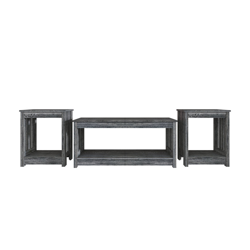 3-Piece Coffee and End Table Set with Farmhouse Paneling in Dark Grey, Dark Gray