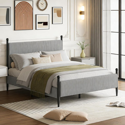 Full Size Bed Frame with Vertical Stripes headboard/ Corduroy upholstered Bed upholstered Bed Frame with Vintage Metal Legs/ no Box Spring Needed Easy Assembly Grey