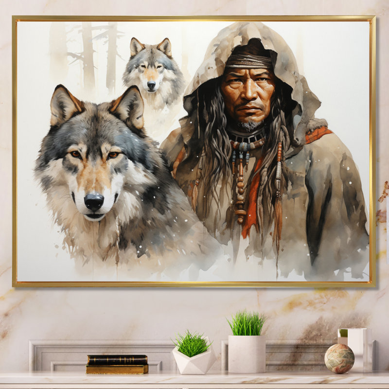 Native Art Spirits Of Wolf Framed On Canvas Print, H 12 po x l 20 po x P 1 po, Cadre flottant doré