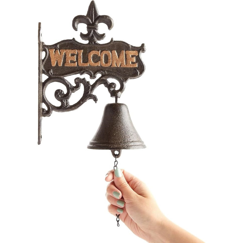 Antique Black Cast Iron Outdoor Dinner Bell with Floral Pattern