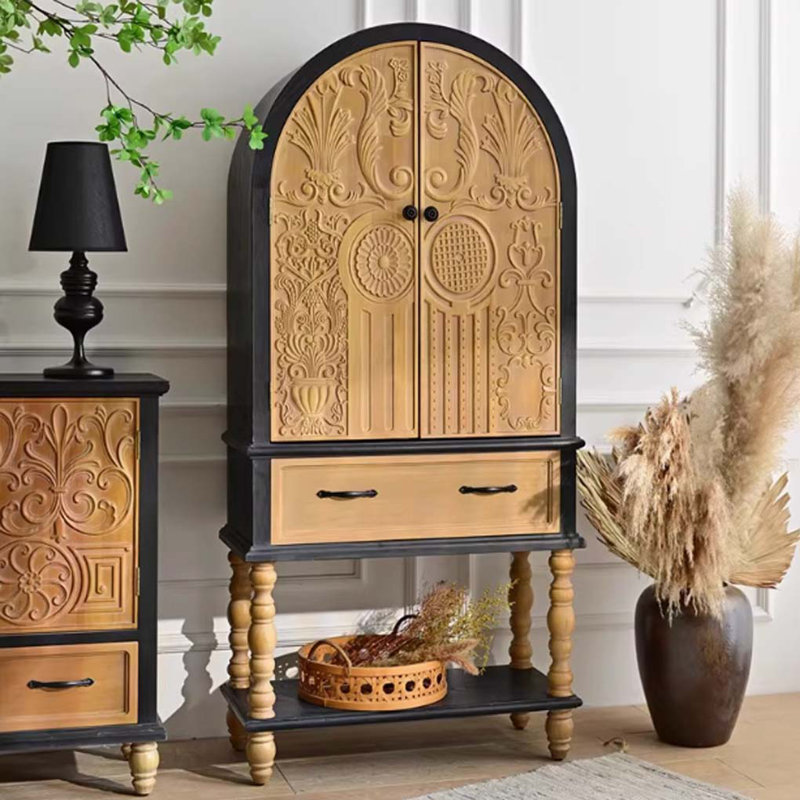 French Country Style Carved Storage cabinet, Black/Wood