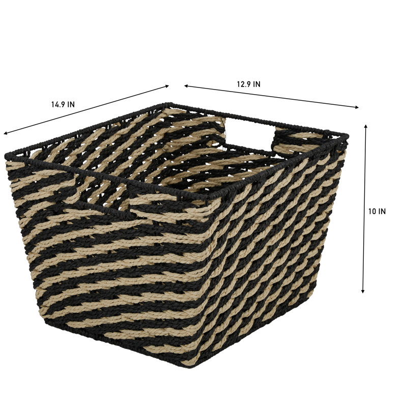  Medium Striped Woven Basket In Black, 10" H x 12.9" W x 14.9" D, Black