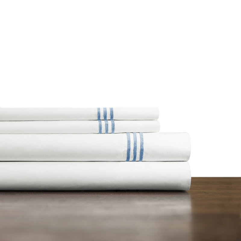 Ensemble de draps brodés en percale 100% coton à densité de tissage 300 fils Pointehaven, Grand lit, Bleu