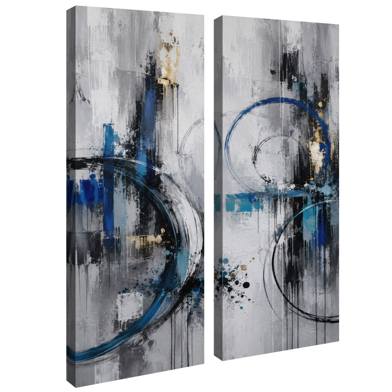 Ensemble de 2 impressions encadrées sur toile, motif circulaire abstrait bleu, noir et or, 81 x 30 x 5 cm (32 x 12 x 2 pouces).