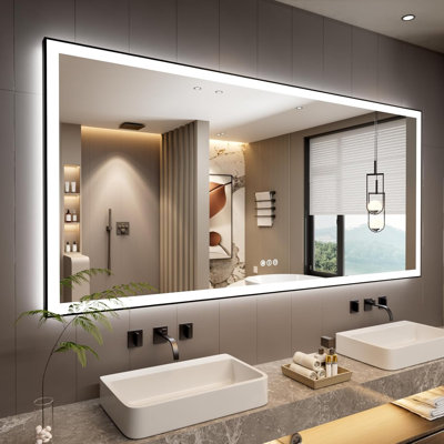 Miroir de salle de bain à DEL avec cadre noir, rétro-éclairé et miroirs de salle de bain éclairés