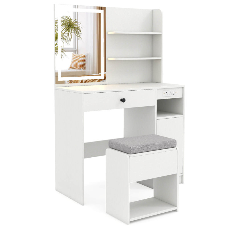 Ensemble de bureau de meuble-lavabo avec miroir et lumières, Blanc