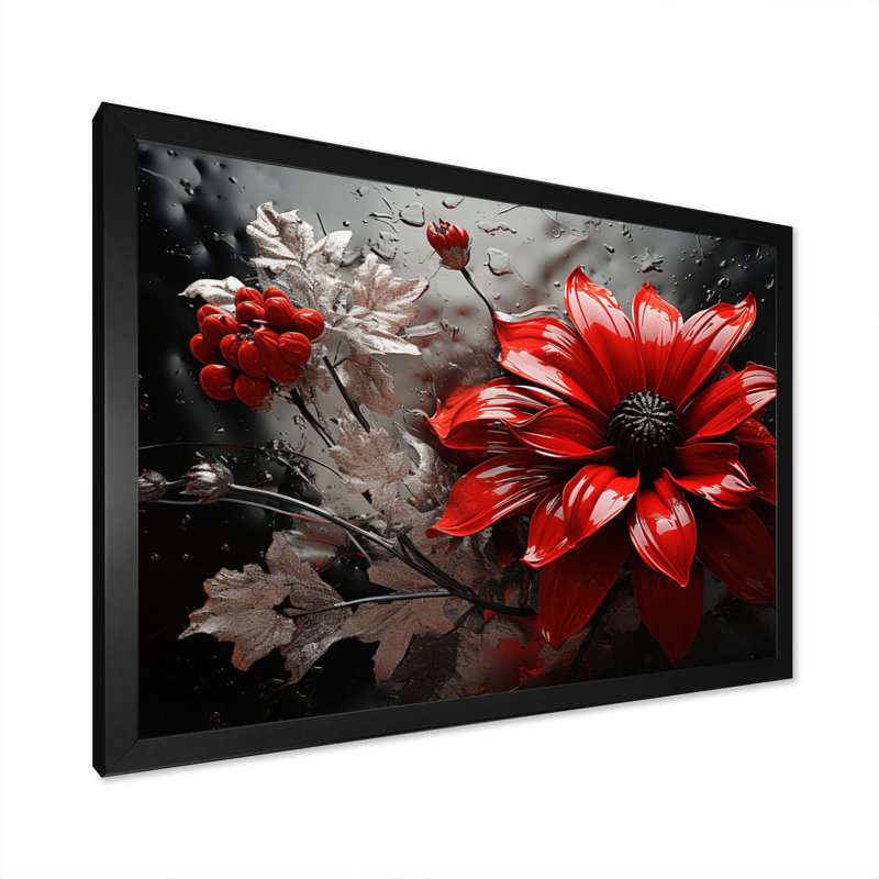 «Red Grey Botanical Symphony II», art mural botanique abstrait, H 12 po x l 20 po x P 1 po, Cadre noir