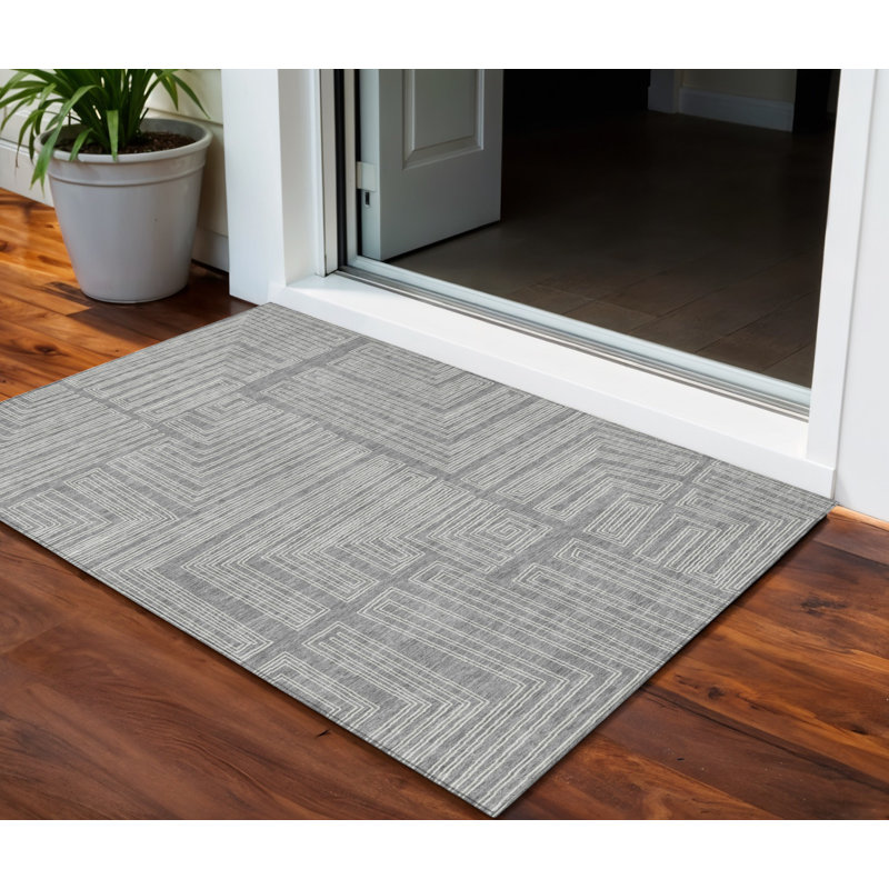 3' X 5' Gray And Ivory Geometric Washable Indoor Outdoor Area Rug
