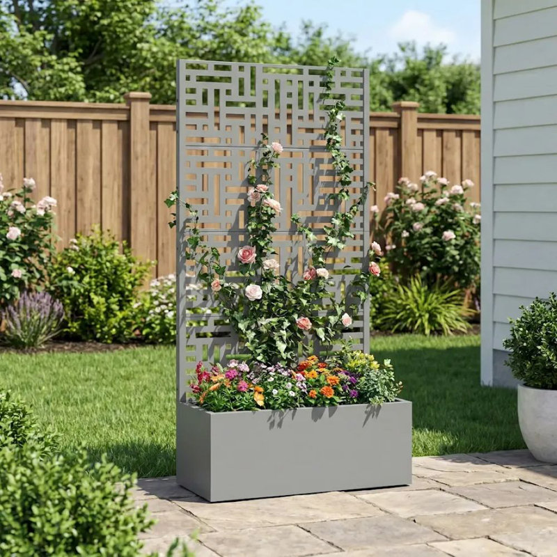 Boîte à fleurs en métal avec treillis, H 59 po x l 30 po x P 11 po, Gris
