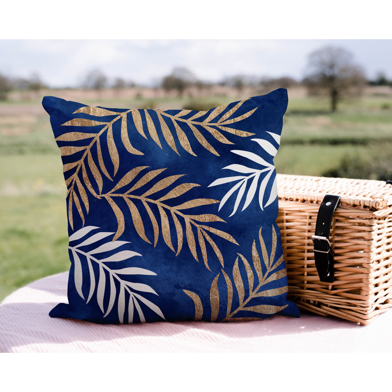 Coussin intérieur / extérieur Bobo Fern, L 15 po x H 15 po, Bleu marine/doré