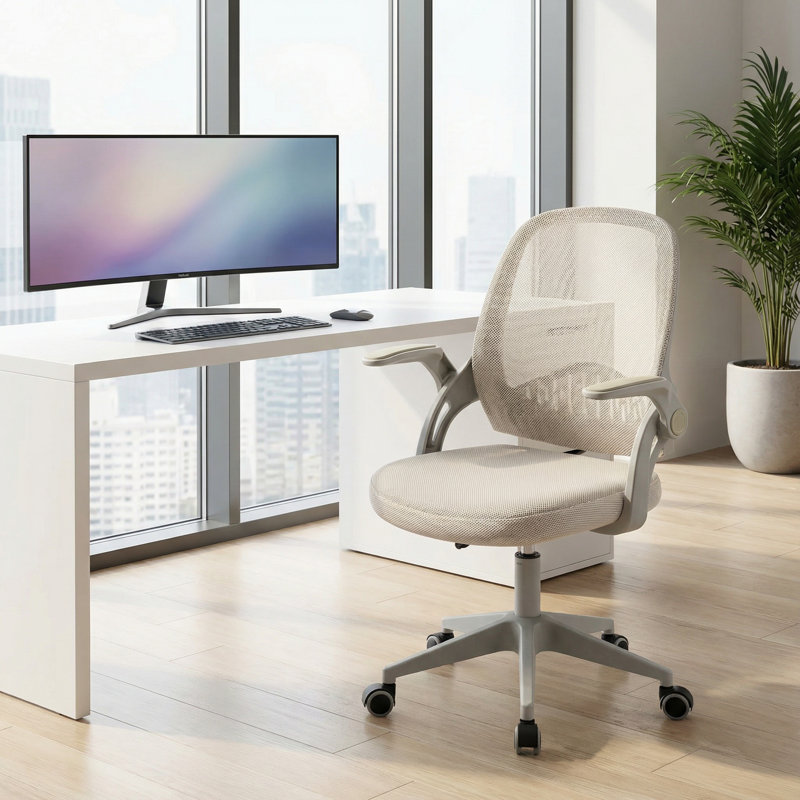 Chaise de bureau en filet à dossier moyen avec accoudoirs rabattables, chaise de travail ergonomique pour le bureau personnel