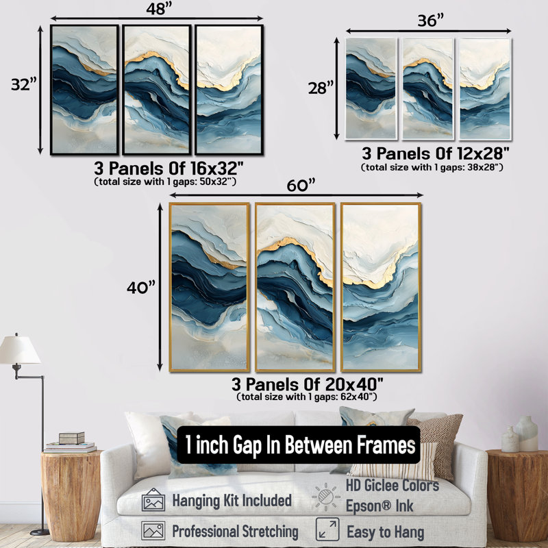 Ensemble de décorations murales vagues marbrées blanches et bleues III, H 40 po x l 60 po x P 1 po