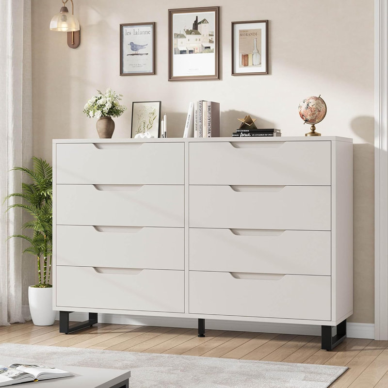 8 commodes pour la chambre à coucher, commode de 55 po de largeur, tiroir horizontal autoportant avec rangement, commode en bois, blanc