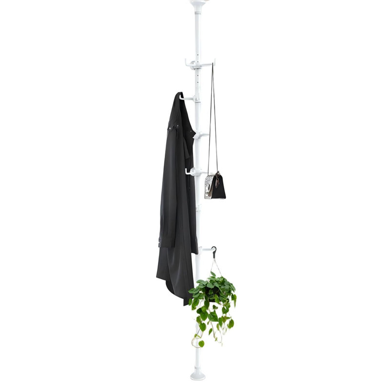 Coat Rack Freestanding, Adjustable Tension Rod Coat Tree with 12 Hooks for Hanging Plant,Coat, Jacket, Hat, Scarf, Suitable for Living Room, Balcony, Kitchen, (White)