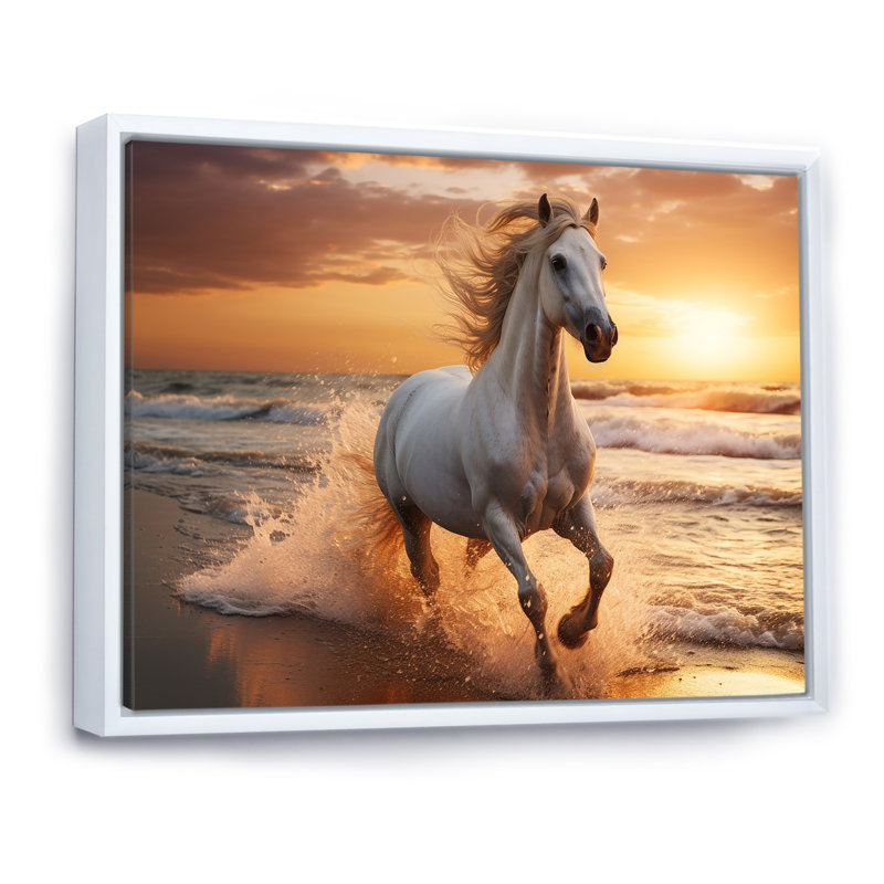 Cheval sauvage qui court sur la plage 2 - Impression sur toile encadrée Coastal Beach, H 30 po x l 40 po x P 1,5 po