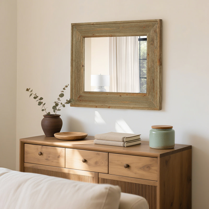 Rustic Rectangle Wood Mirror for Bathroom Farmhouse, Woodgrain wash wood, 28" x 22"