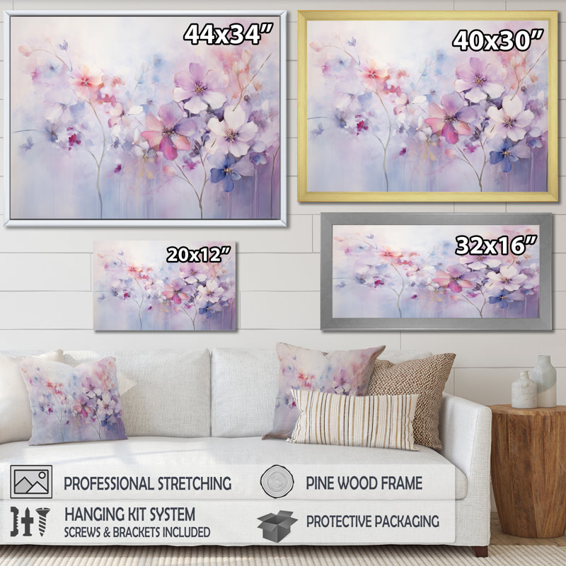 «Purple Dreamy Florals I - Abstract Botanicals», art mural encadré, Cadre flottant blanc, H 16 po x l 32 po x P 1 po