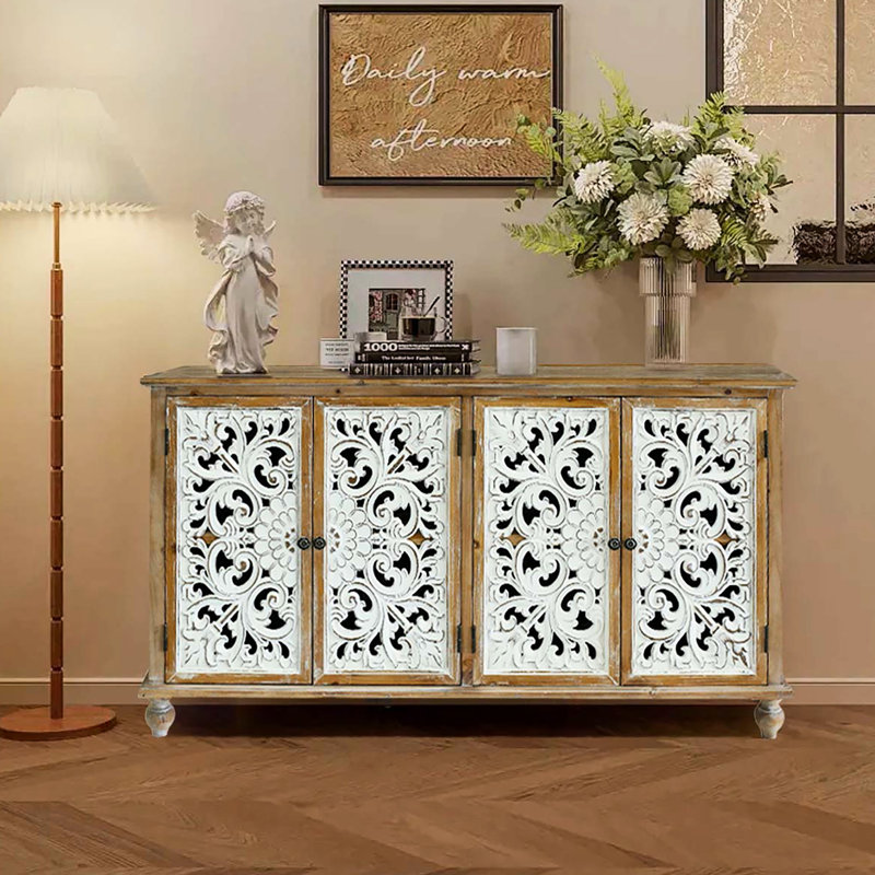 Commode décorative 4 portes - Rangement pour salle à manger. Armoire pratique à 4 tiroirs fabriquée à la main, vieillie et pratique. Fonctionnel et élégant